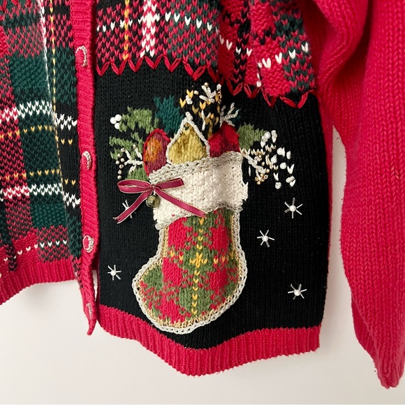 Vintage Chunky Knit Mixed Media Christmas Cardigan Sweater - Picture 6 of 16